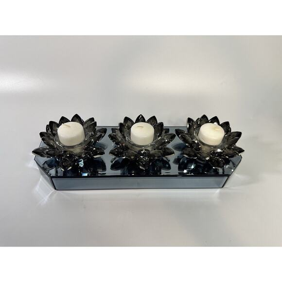 Triple Crystal Candle Holder Gray Mirror Base Lotus Flower Zen Light - No Candle - Picture 11 of 11